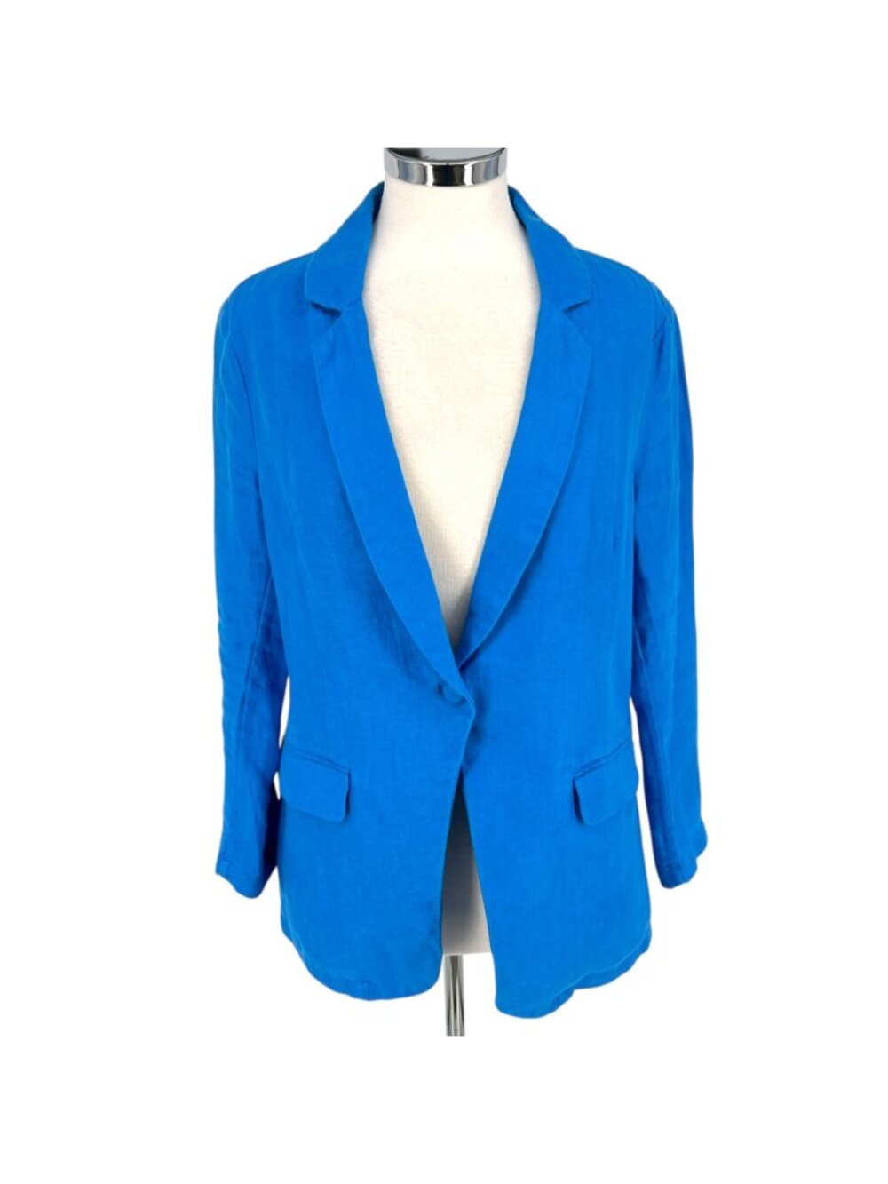 Halston Coastal Blue Linen Blazer Jacket Single-Button Front Pockets Size Small